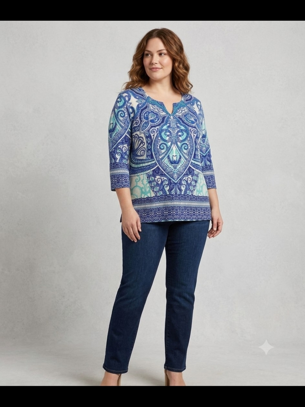 JM Collection Purple and Teal Paisley Studded Tunic Lg